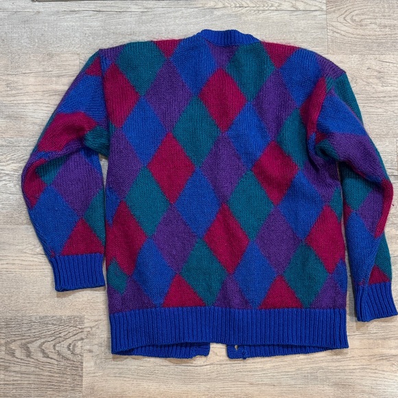 90s Vintage Wool Argyle Cardigan Sweater - Blue, Purple, Pink Preppy Grandpa - Picture 4 of 6